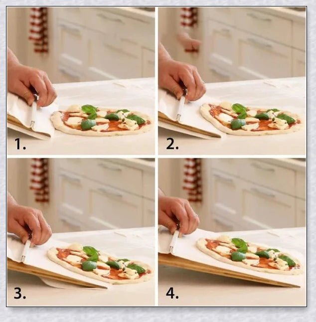 A high-quality pizza transfer shovel with a non-stick surface and sturdy construction for easy and mess-free pizza transfer from oven to plate.