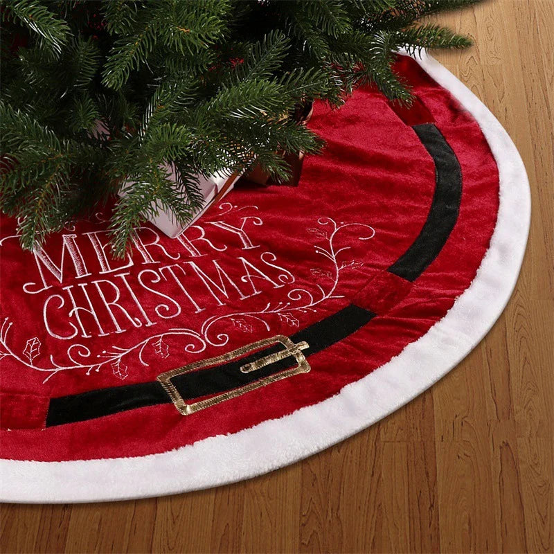 A luxurious red velvet cloth Christmas tree skirt with a 48-inch diameter, designed to add elegance and sophistication to your holiday decor.