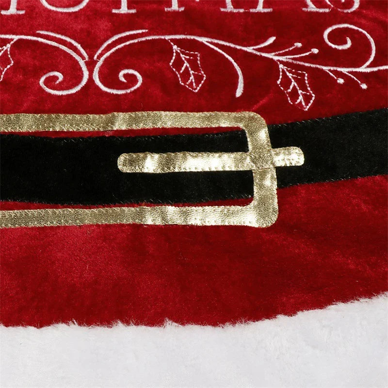 A luxurious red velvet cloth Christmas tree skirt with a 48-inch diameter, designed to add elegance and sophistication to your holiday decor.