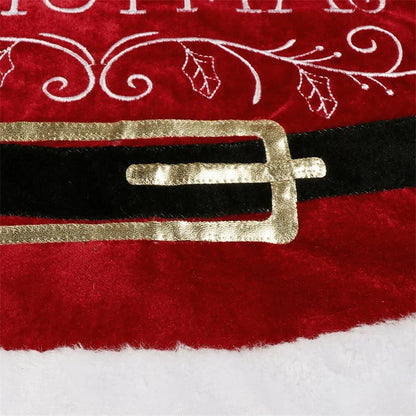 A luxurious red velvet cloth Christmas tree skirt with a 48-inch diameter, designed to add elegance and sophistication to your holiday decor.