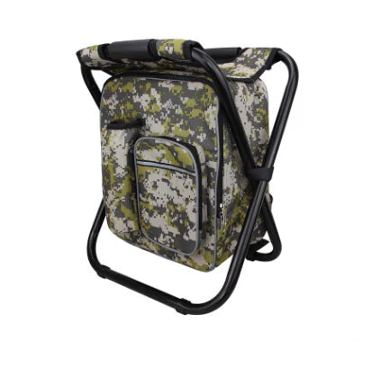 A versatile backpack with built-in cooler and folding chair, perfect for outdoor adventures and activities.