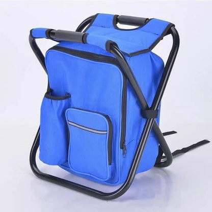 A versatile backpack with built-in cooler and folding chair, perfect for outdoor adventures and activities.