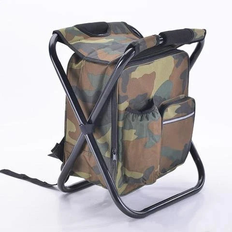 A versatile backpack with built-in cooler and folding chair, perfect for outdoor adventures and activities.
