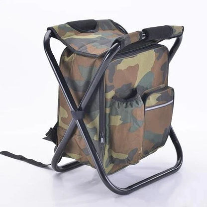 A versatile backpack with built-in cooler and folding chair, perfect for outdoor adventures and activities.