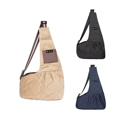 A stylish and comfortable pet carrier sling bag made of premium polyester with a breathable mesh panel, perfect for small pets like dogs and cats.