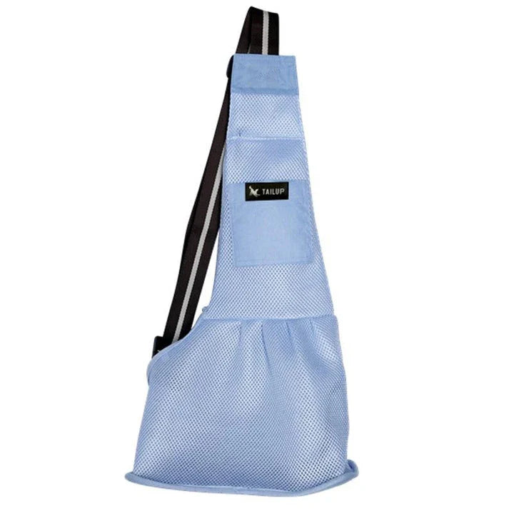 A stylish and comfortable pet carrier sling bag made of premium polyester with a breathable mesh panel, perfect for small pets like dogs and cats.
