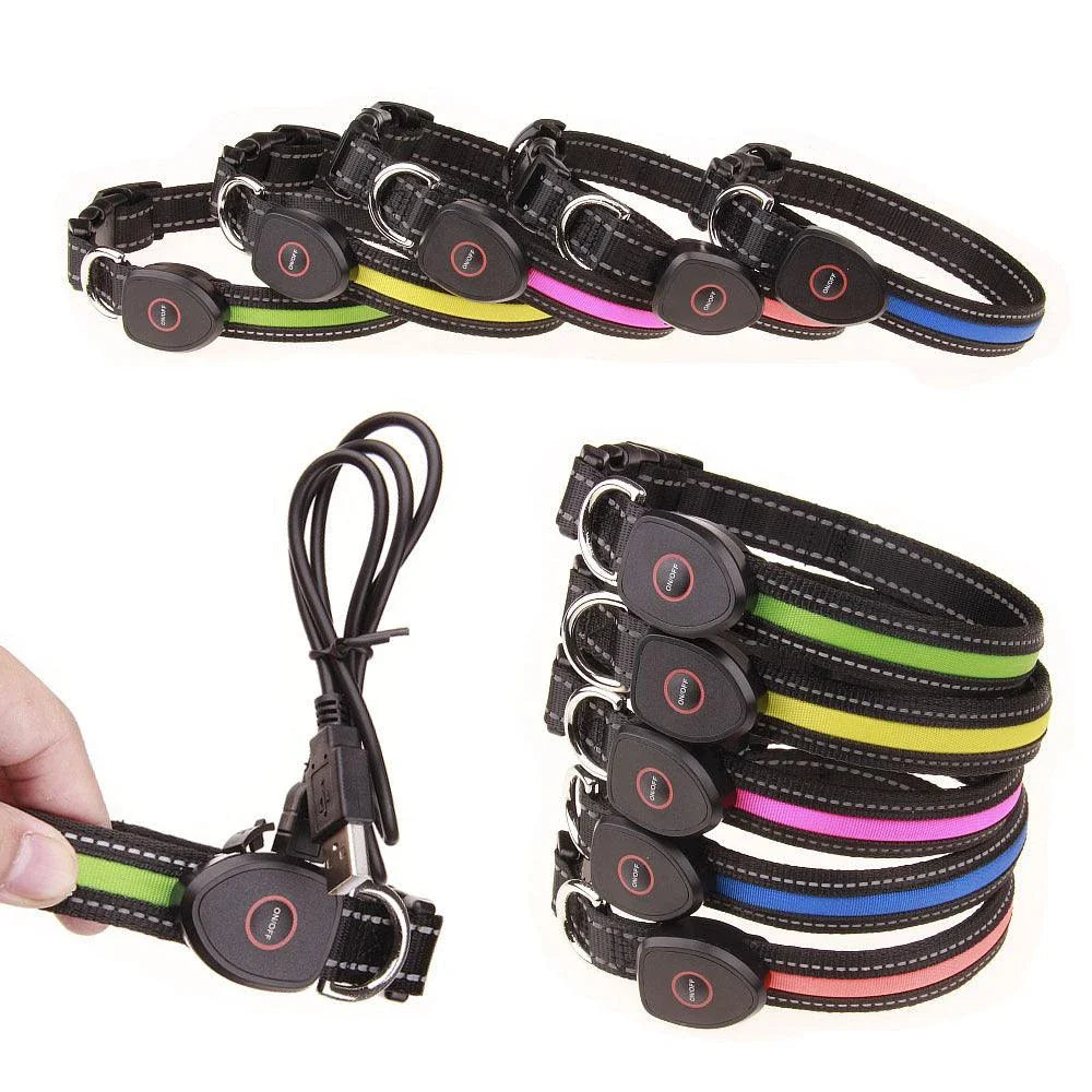 Cute Rechargeable LED Luminous Nylon Dog Collar for pets, available in various sizes with adjustable fit and USB-powered LED lights for enhanced visibility and safety