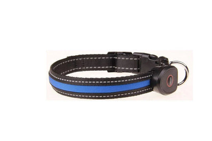 Cute Rechargeable LED Luminous Nylon Dog Collar for pets, available in various sizes with adjustable fit and USB-powered LED lights for enhanced visibility and safety
