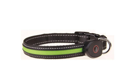 Cute Rechargeable LED Luminous Nylon Dog Collar for pets, available in various sizes with adjustable fit and USB-powered LED lights for enhanced visibility and safety