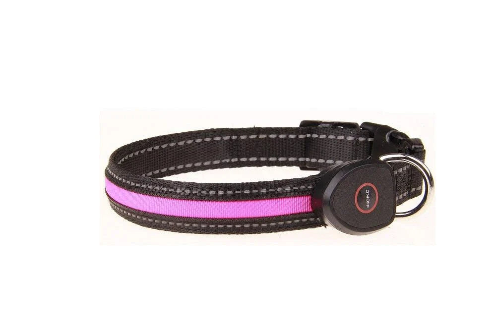 Cute Rechargeable LED Luminous Nylon Dog Collar for pets, available in various sizes with adjustable fit and USB-powered LED lights for enhanced visibility and safety