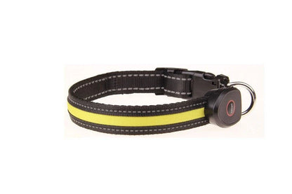 Cute Rechargeable LED Luminous Nylon Dog Collar for pets, available in various sizes with adjustable fit and USB-powered LED lights for enhanced visibility and safety