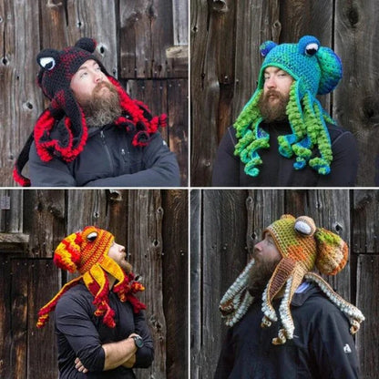 A festive Christmas crochet hat with an octopus design, featuring curly tentacles and big eyes for a whimsical, holiday-inspired look.
