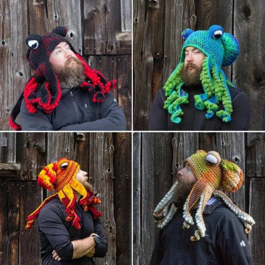 A festive Christmas crochet hat with an octopus design, featuring curly tentacles and big eyes for a whimsical, holiday-inspired look.
