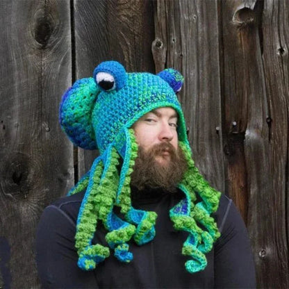 A festive Christmas crochet hat with an octopus design, featuring curly tentacles and big eyes for a whimsical, holiday-inspired look.