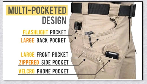 Tactical Waterproof Pants in various colors, featuring multiple pockets and ergonomic design for outdoor activities.