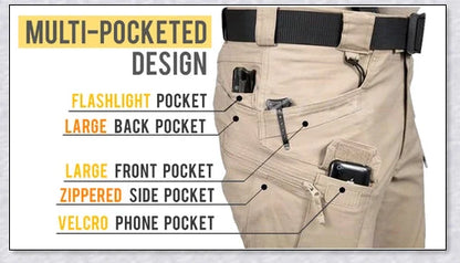 Tactical Waterproof Pants in various colors, featuring multiple pockets and ergonomic design for outdoor activities.