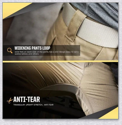Tactical Waterproof Pants in various colors, featuring multiple pockets and ergonomic design for outdoor activities.