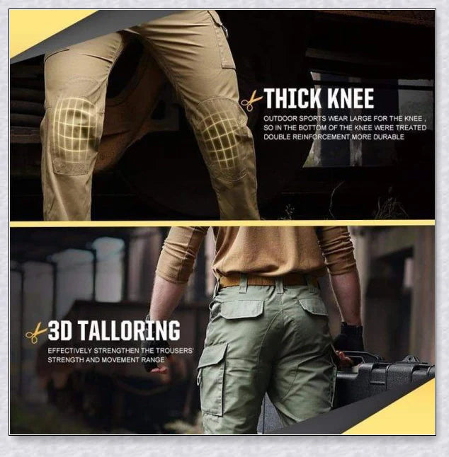 Tactical Waterproof Pants in various colors, featuring multiple pockets and ergonomic design for outdoor activities.