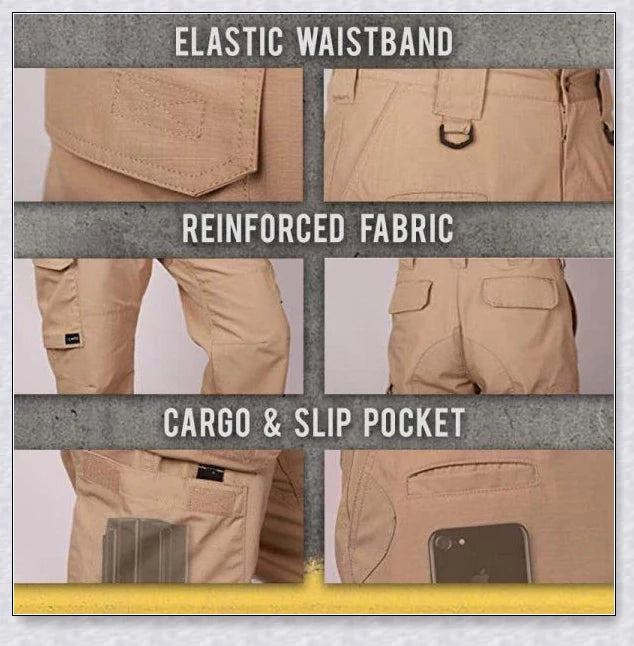 Tactical Waterproof Pants in various colors, featuring multiple pockets and ergonomic design for outdoor activities.