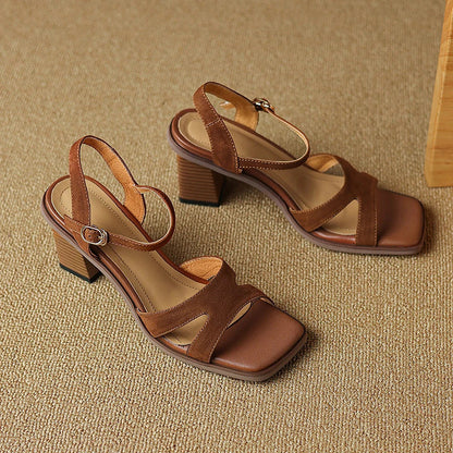 Chic open-toe leather sandals with a chunky 2-inch square heel, offering a stylish and comfortable design for summer fashion