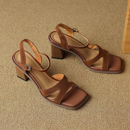 Chic open-toe leather sandals with a chunky 2-inch square heel, offering a stylish and comfortable design for summer fashion