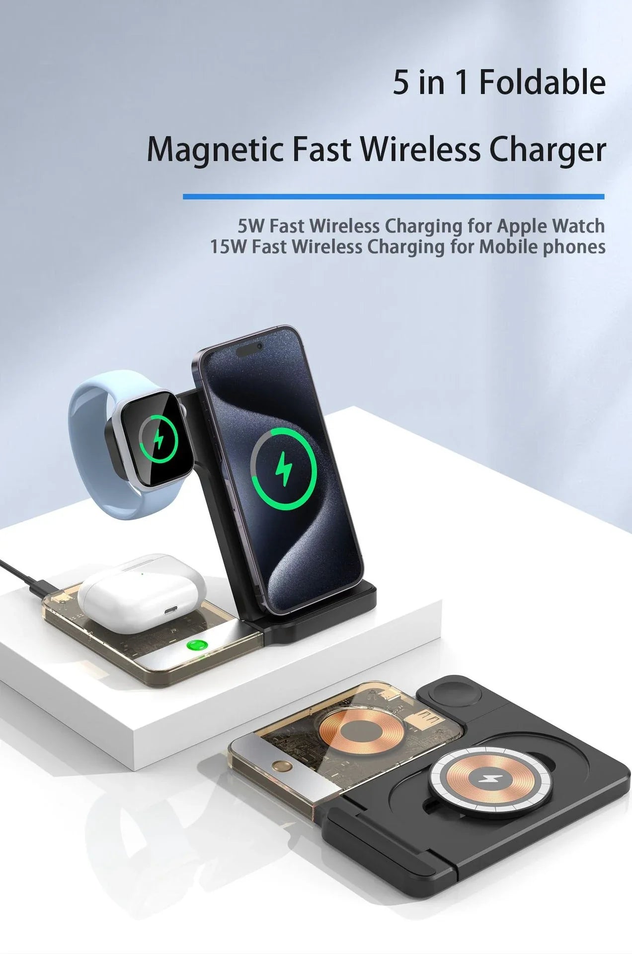 Trendha Desktop Magnetic Three-in-One Wireless Charging Stand with Black and White color options