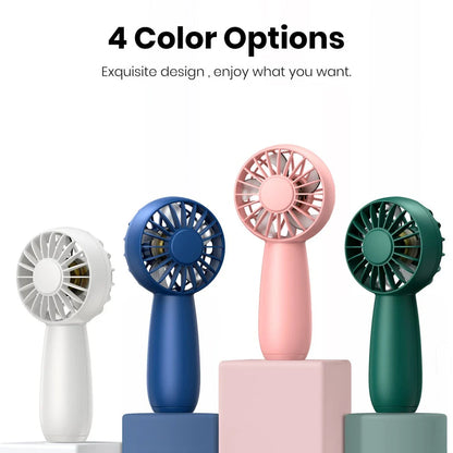Mini Portable USB Electric Fan with three-speed settings, rechargeable battery, and lightweight, compact design