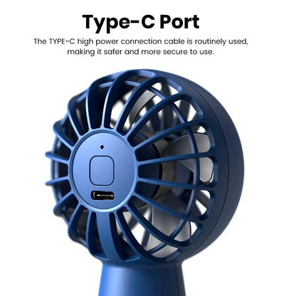 Mini Portable USB Electric Fan with three-speed settings, rechargeable battery, and lightweight, compact design