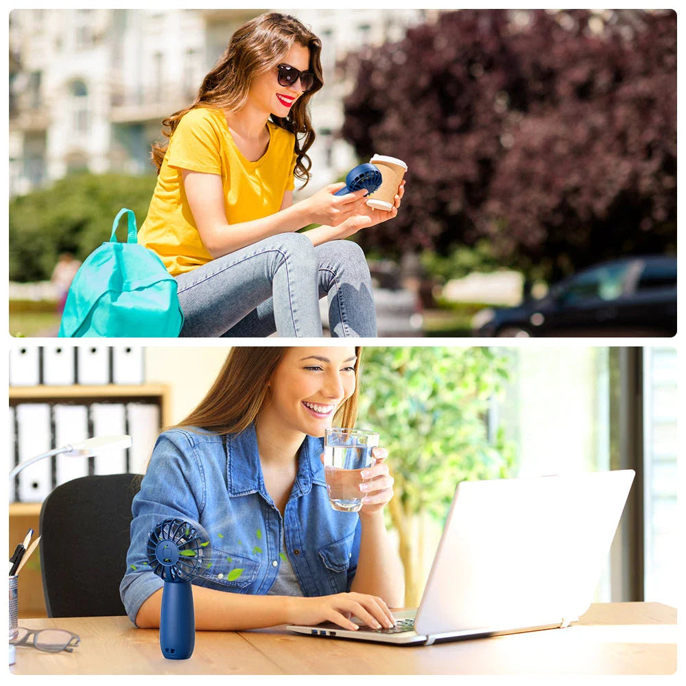 Mini Portable USB Electric Fan with three-speed settings, rechargeable battery, and lightweight, compact design
