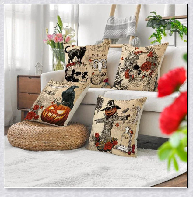 Spooky Halloween sofa pillowcases with skull, pumpkin, and crow designs