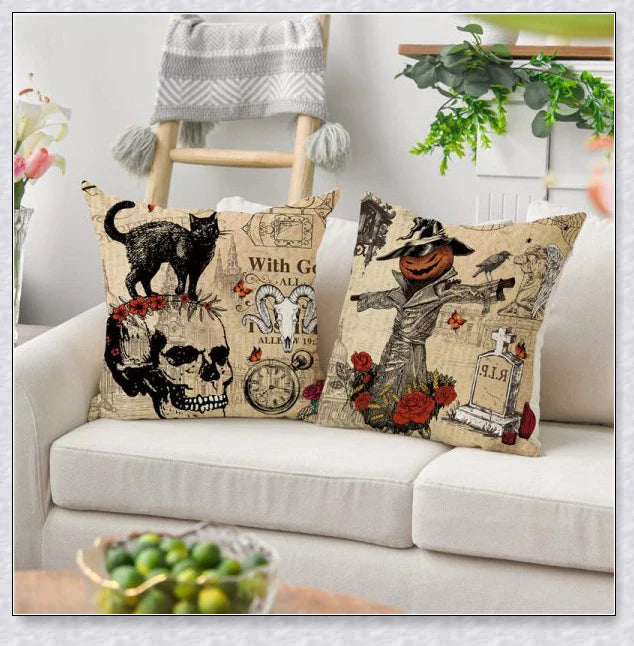 Spooky Halloween sofa pillowcases with skull, pumpkin, and crow designs