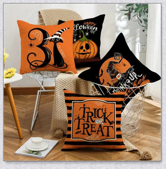 Spooky Halloween sofa pillowcases with skull, pumpkin, and crow designs
