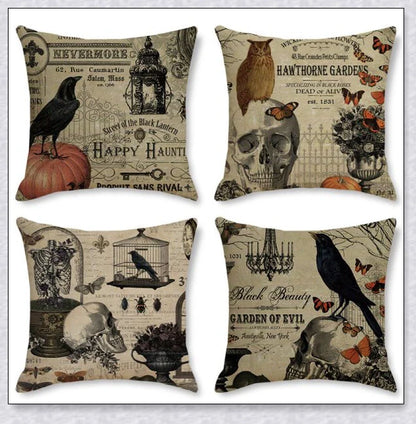 Spooky Halloween sofa pillowcases with skull, pumpkin, and crow designs