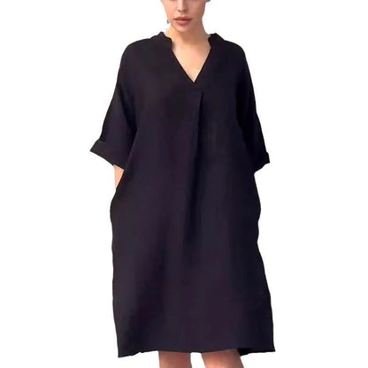 A fashion cotton linen dress for women with a v-neck and loose, plus size design in various colors