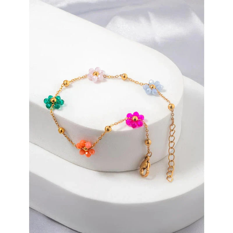 Colorful flower beaded stainless steel bracelet with vibrant beads and adjustable chain link design