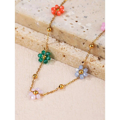Colorful flower beaded stainless steel bracelet with vibrant beads and adjustable chain link design