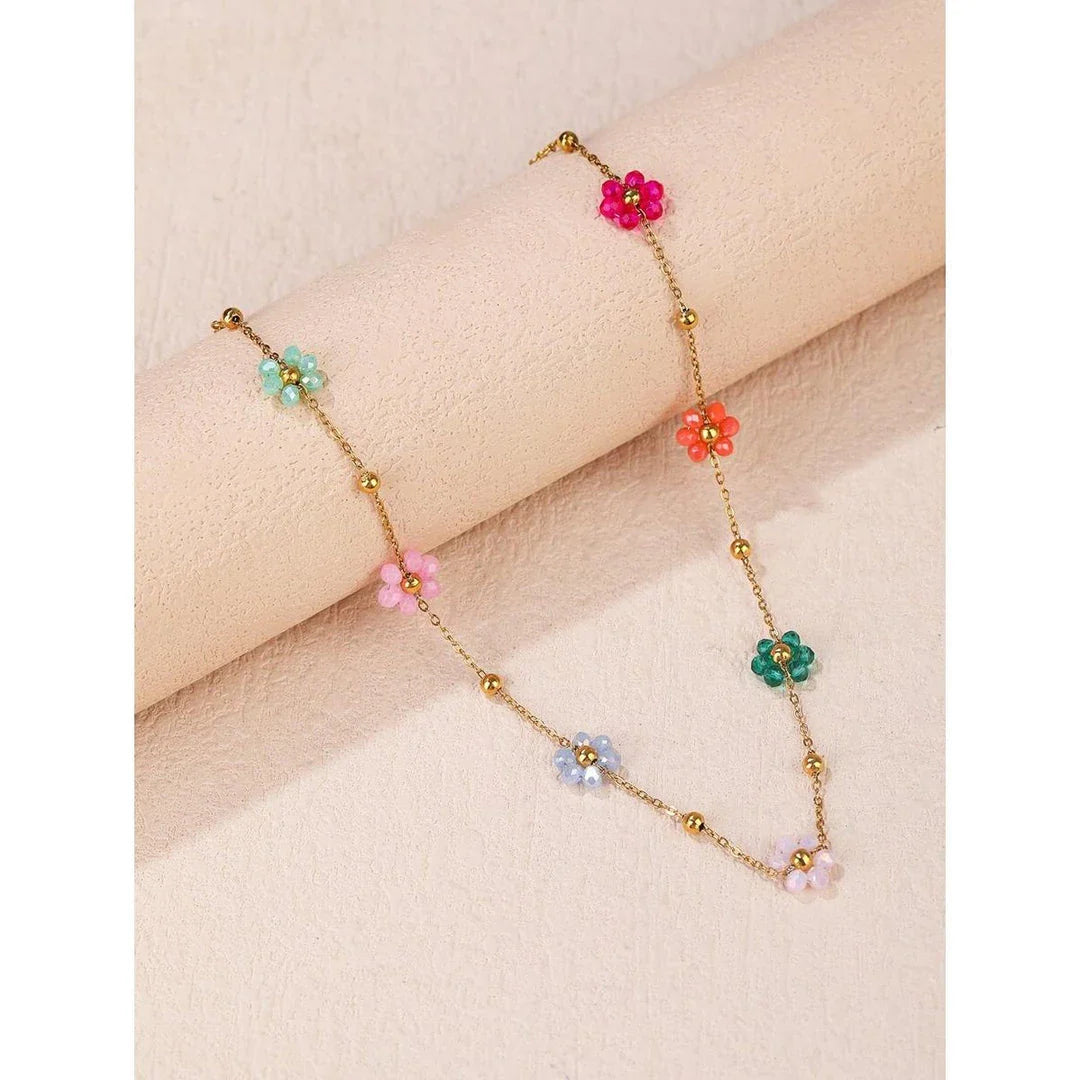 Colorful flower beaded stainless steel bracelet with vibrant beads and adjustable chain link design