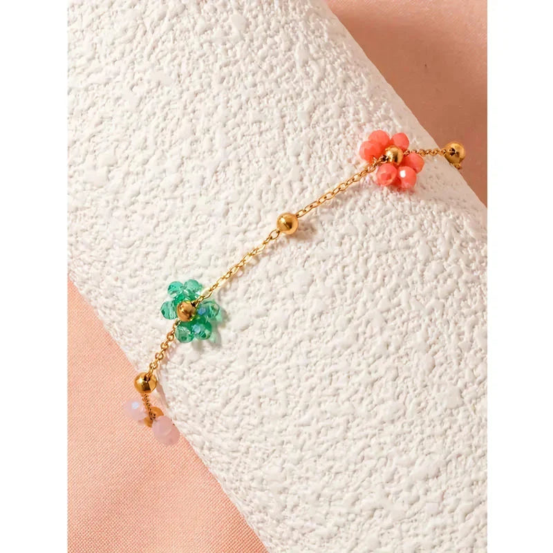 Colorful flower beaded stainless steel bracelet with vibrant beads and adjustable chain link design