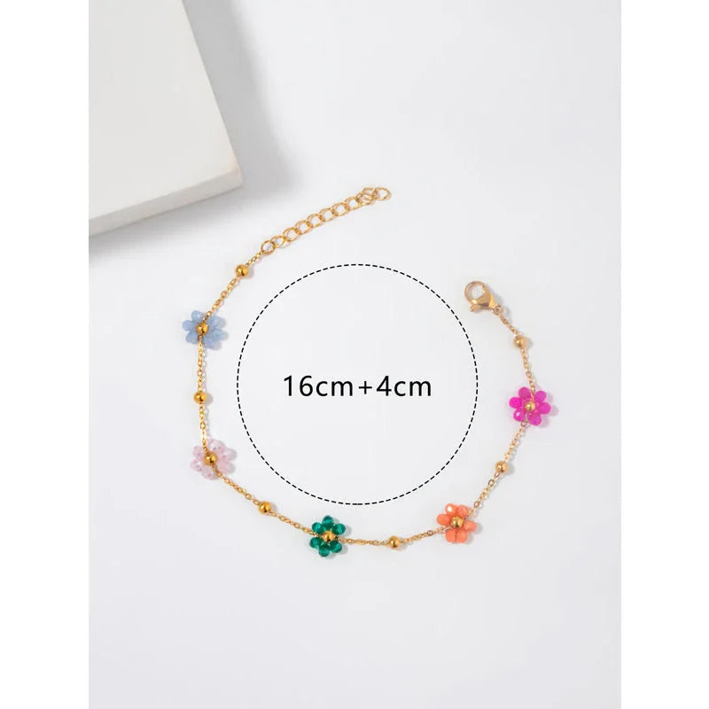 Colorful flower beaded stainless steel bracelet with vibrant beads and adjustable chain link design