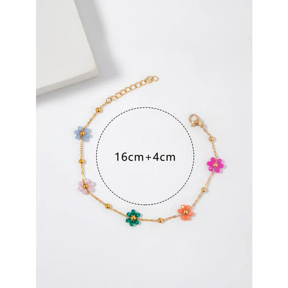 Colorful flower beaded stainless steel bracelet with vibrant beads and adjustable chain link design