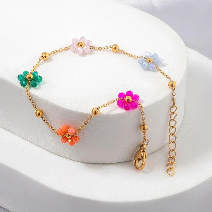 Colorful flower beaded stainless steel bracelet with vibrant beads and adjustable chain link design