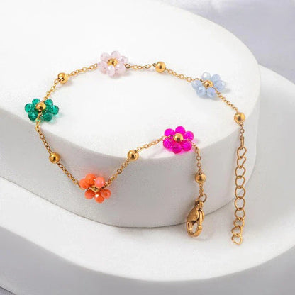 Colorful flower beaded stainless steel bracelet with vibrant beads and adjustable chain link design