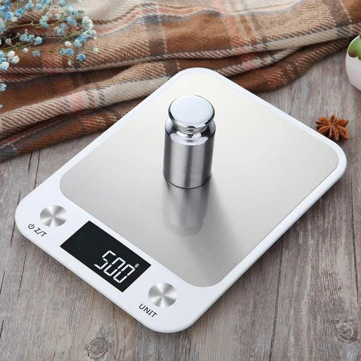 Multifunctional digital food scale with stainless steel and ABS construction, featuring accurate measurements and a sleek, modern design.
