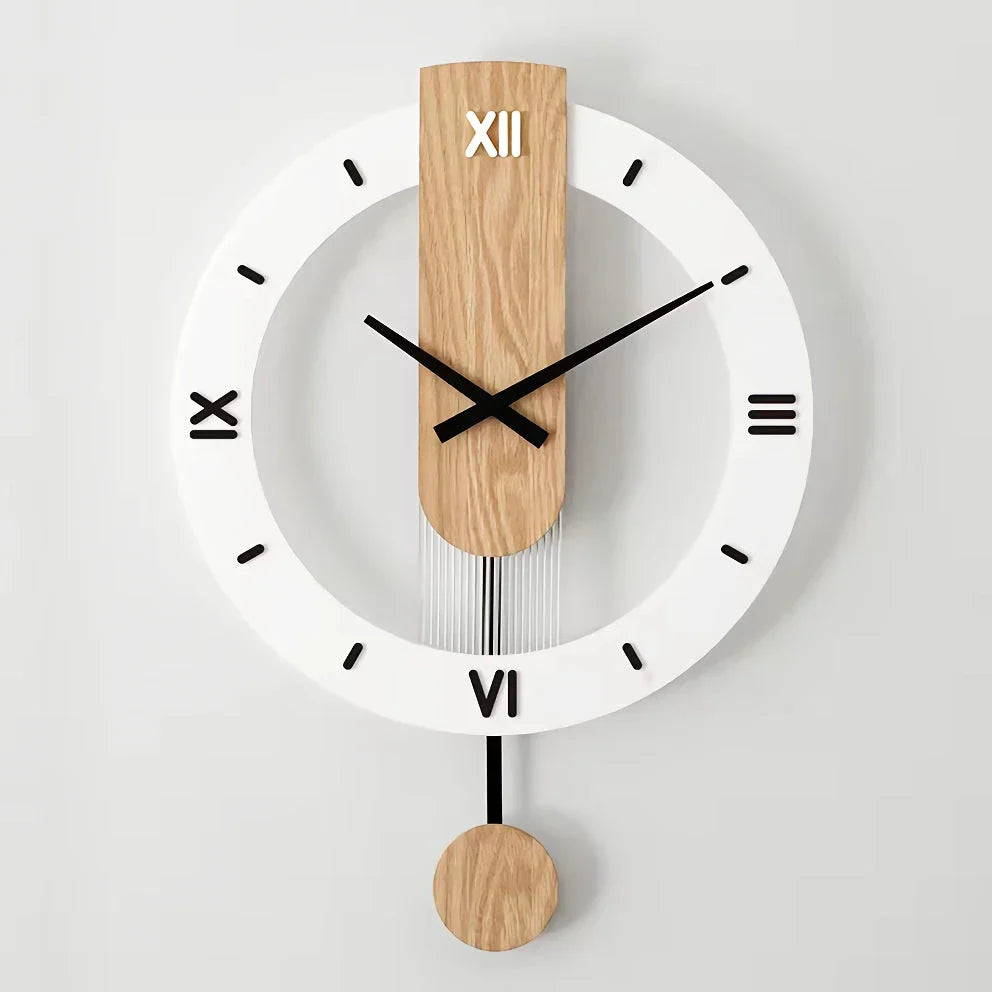A modern, rectangular wall clock made of solid wood and acrylic with a minimalist design