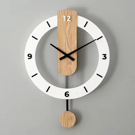 A modern, rectangular wall clock made of solid wood and acrylic with a minimalist design