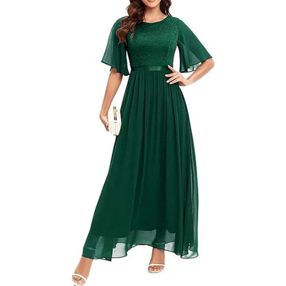 A beautiful lace bridesmaid dress in a variety of trendy colors, featuring a flattering waist-tight silhouette and delicate short sleeves.