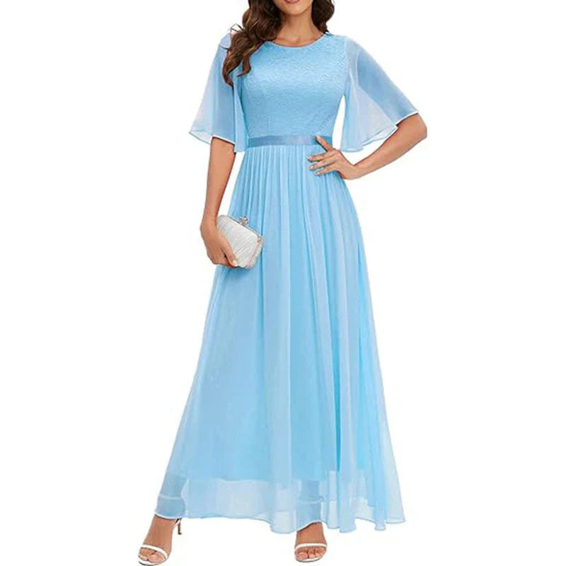A beautiful lace bridesmaid dress in a variety of trendy colors, featuring a flattering waist-tight silhouette and delicate short sleeves.