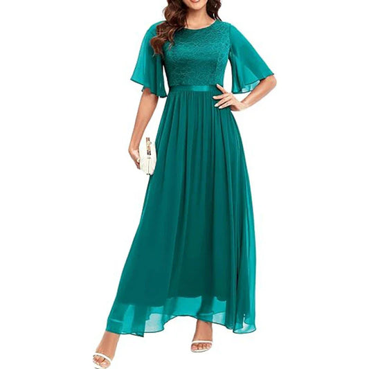 A beautiful lace bridesmaid dress in a variety of trendy colors, featuring a flattering waist-tight silhouette and delicate short sleeves.