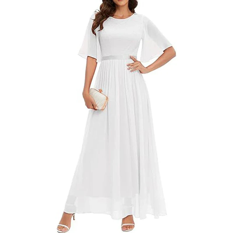 A beautiful lace bridesmaid dress in a variety of trendy colors, featuring a flattering waist-tight silhouette and delicate short sleeves.