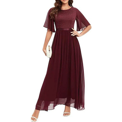A beautiful lace bridesmaid dress in a variety of trendy colors, featuring a flattering waist-tight silhouette and delicate short sleeves.